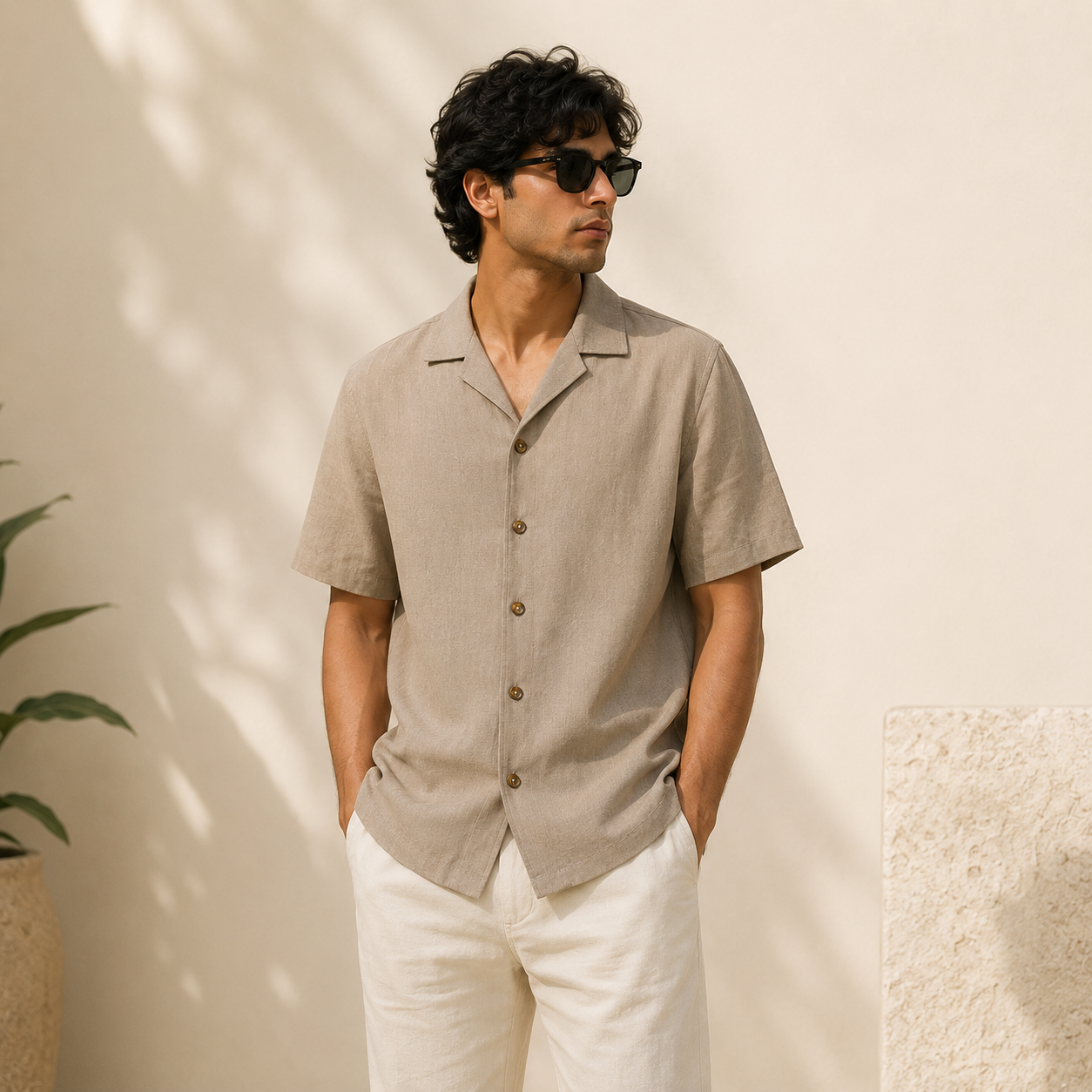 Camp Collar Linen Shirt Taupe fit image