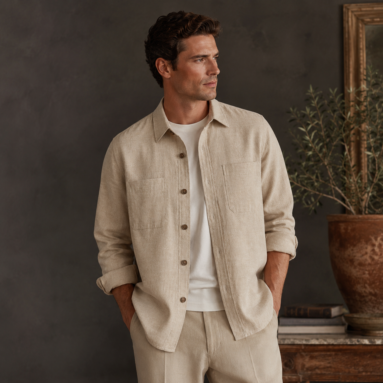 Linen Blend Overshirt Beige fit image